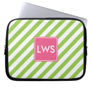 Green and Pink Nautical Stripes Monogram Laptop Sleeve