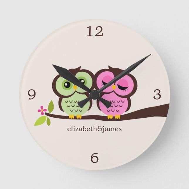 Green and Pink Owl Couple Round Clock (Front)