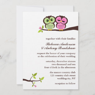 Green and Pink Owls Wedding Invitation