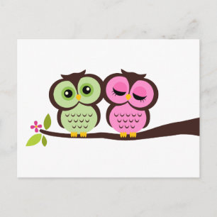 Green and Pink Owls Wedding Invitation Postcard