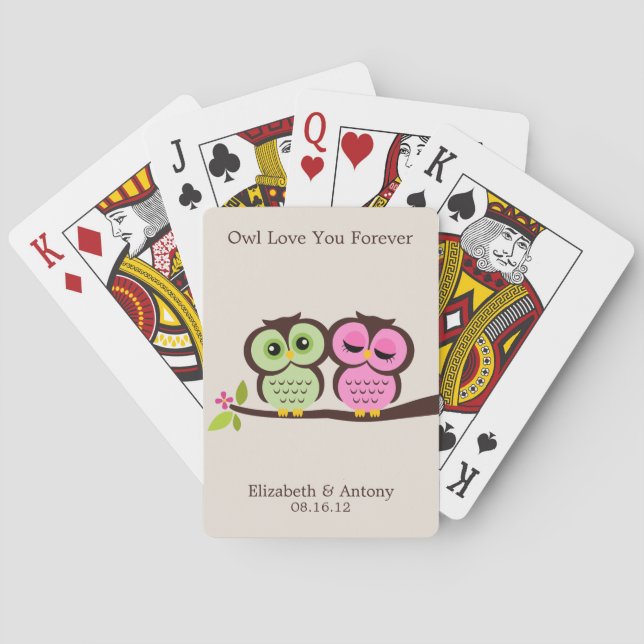 Green and Pink Owls Wedding Playing Cards (Back)