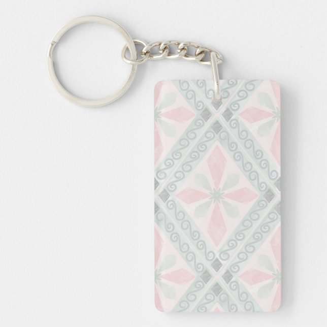 Green and pink pastel diamond pattern key ring (Front)