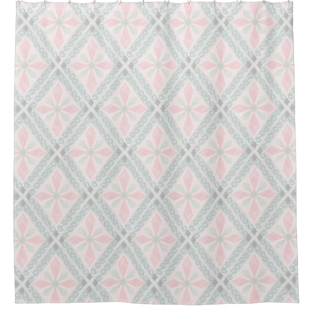 Green and pink pastel diamond pattern shower curtain (Front)
