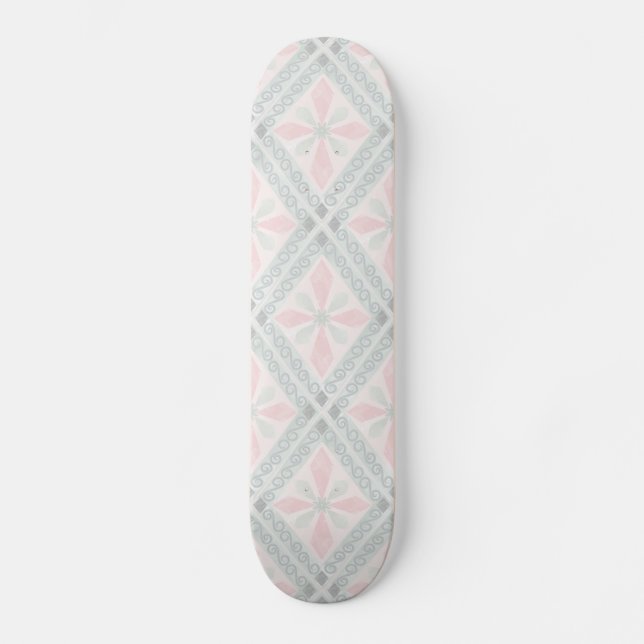 Green and pink pastel diamond pattern skateboard (Front)