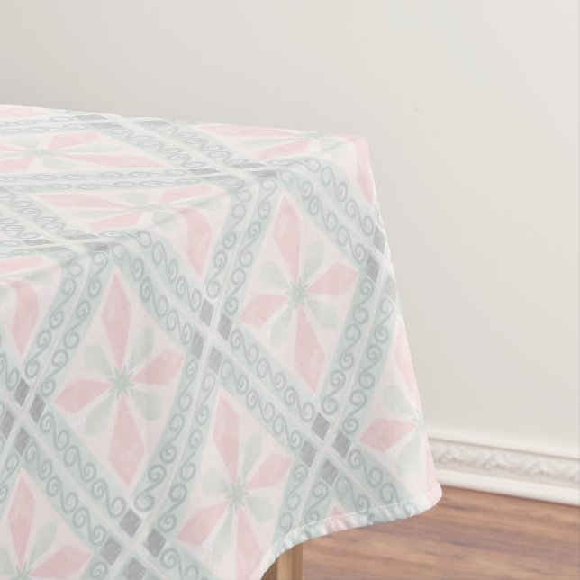 Green and pink pastel diamond pattern tablecloth (In Situ)