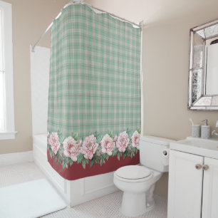 Green and Pink Plaid Peony Shower Curtain