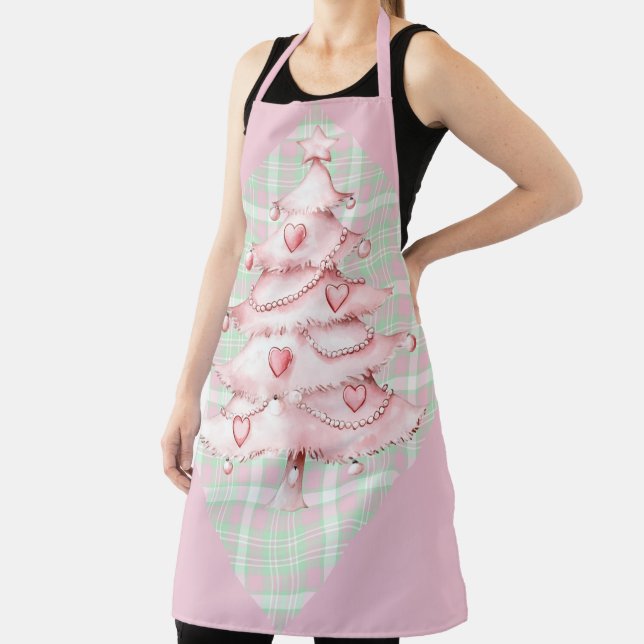Green and Pink Plaid Pink Christmas Tree Apron (Insitu)