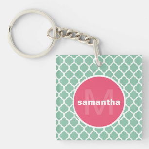Green and Pink Quatrefoil Monogram Key Ring