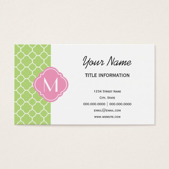 Green and Pink Quatrefoil Pattern with Monogram Business Card