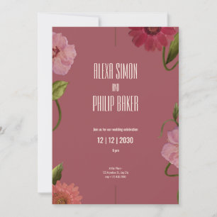 Green and Pink, Red Watercolor Flower Wedding Invitation