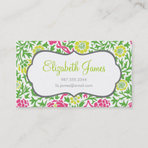 Green and Pink Retro Floral Damask Business Card
