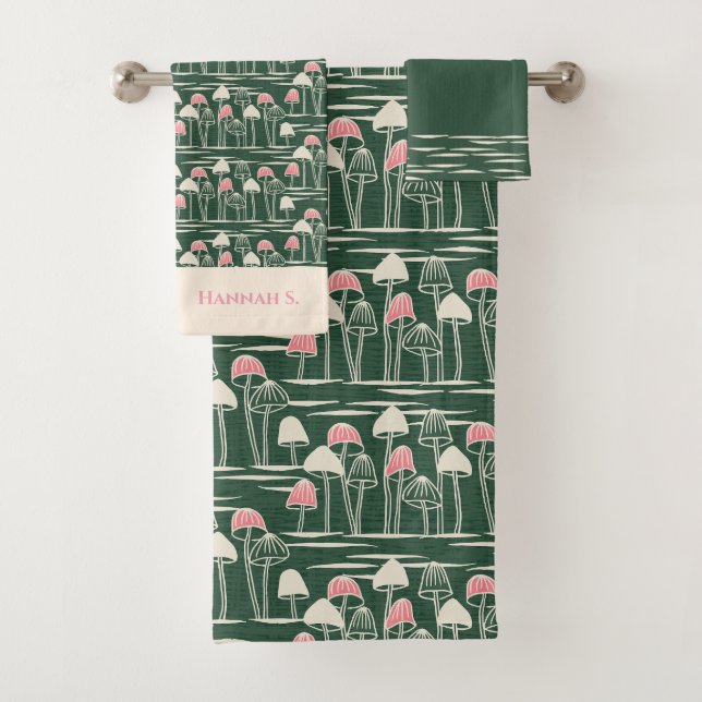 Green and Pink Retro Wild Mushrooms Forest towels  (Insitu)