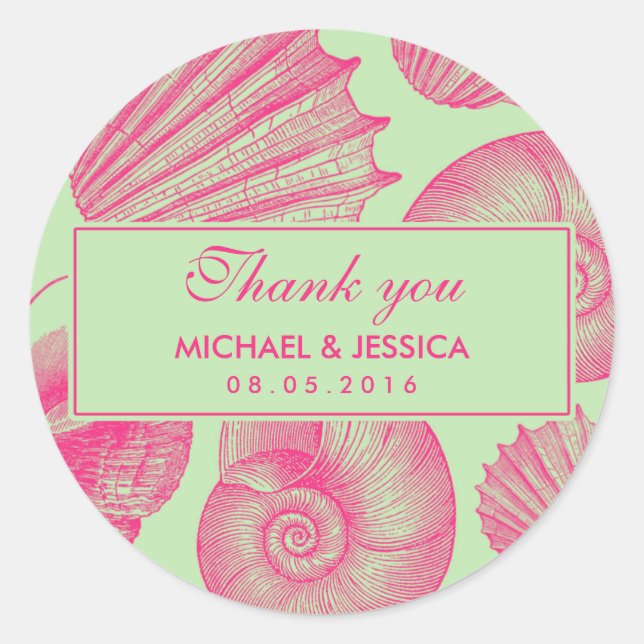 Green and Pink Seashell Wedding Thank You Sticker (Front)