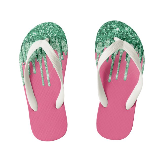 Green and Pink Shiny Glitter Dripping Watermelon Kid's Flip Flops (Footbed)