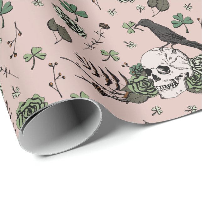 Green and Pink Skull Pattern St Patricks Day Goth Wrapping Paper (Roll Corner)