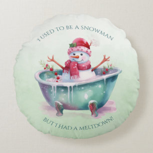 Green and Pink Snowman In A Bathtub Round Cushion