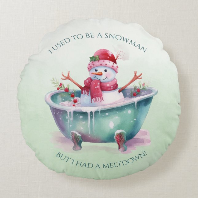 Green and Pink Snowman In A Bathtub Round Cushion (Front)
