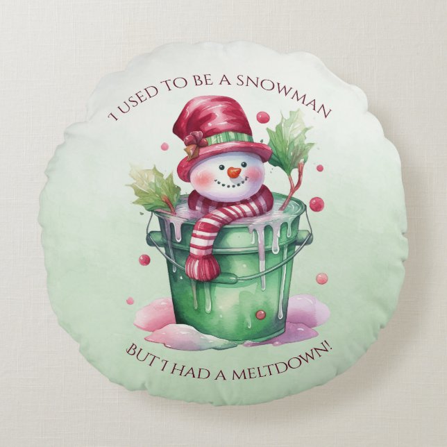 Green and Pink Snowman In A Pail of Water Round Cushion (Front)