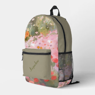 Green and Pink Spring Meadows Background Printed Backpack