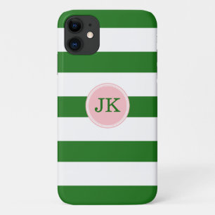 Green and Pink Stripe Monogram iPhone 11 Case