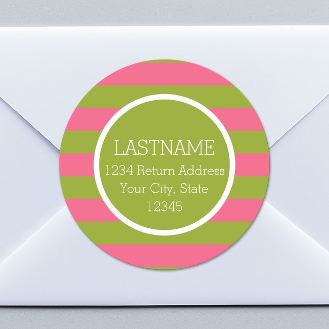 Green and Pink Striped Pattern Custom Monogram Classic Round Sticker (Custom Return Address Sticker)