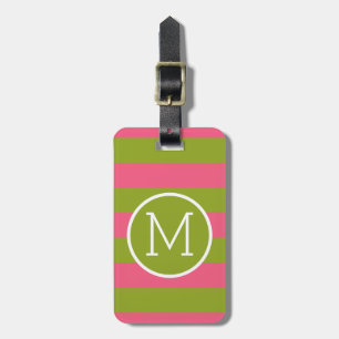 Green and Pink Striped Pattern Custom Monogram Luggage Tag