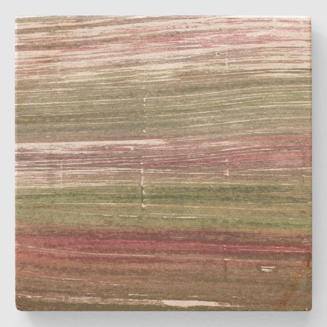 Green and pink stripes art stone coaster (Front)