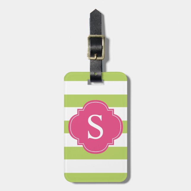 Green and Pink Stripes Monogram Luggage Tag (Front Vertical)