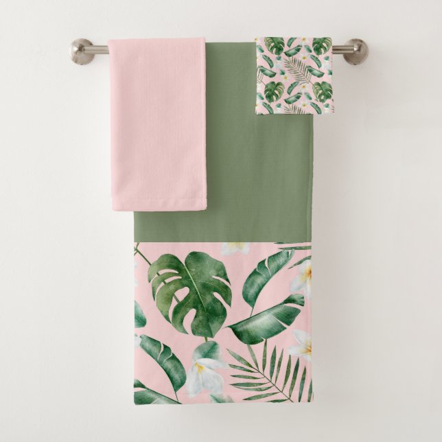 Green and Pink Tropical Leaves Bath Towel Set (Insitu)
