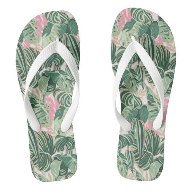 Green and Pink Tropical Leaves | Happy Birthday  P Flip Flops (Footbed)