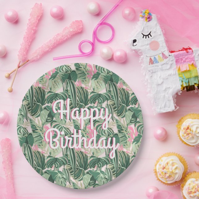 Green and Pink Tropical Leaves | Happy Birthday  Paper Plate (Party)