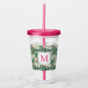 Green and Pink Tropical Leaves Monogram Cabana Acrylic Tumbler