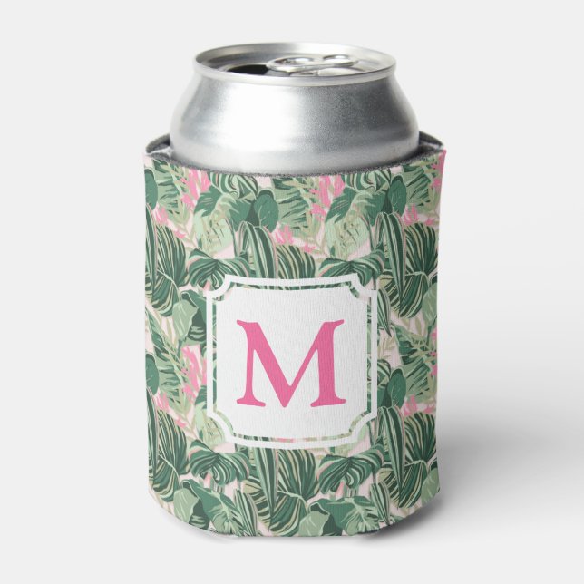Green and Pink Tropical Leaves | Monogram Cabana C Can Cooler (Can Front)