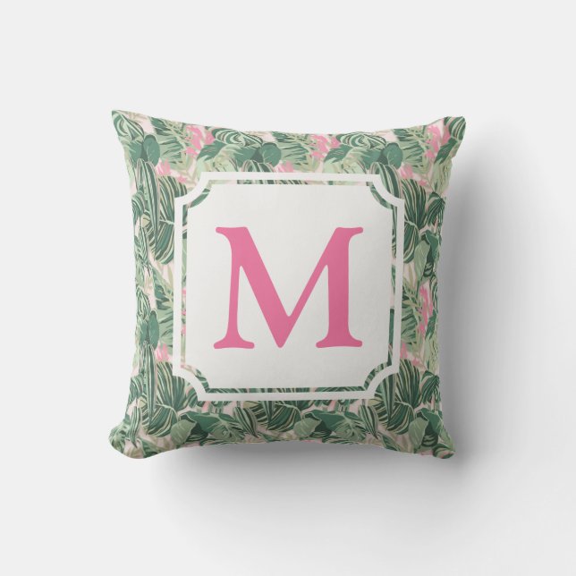 Green and Pink Tropical Leaves | Monogram Cabana  Cushion (Front)