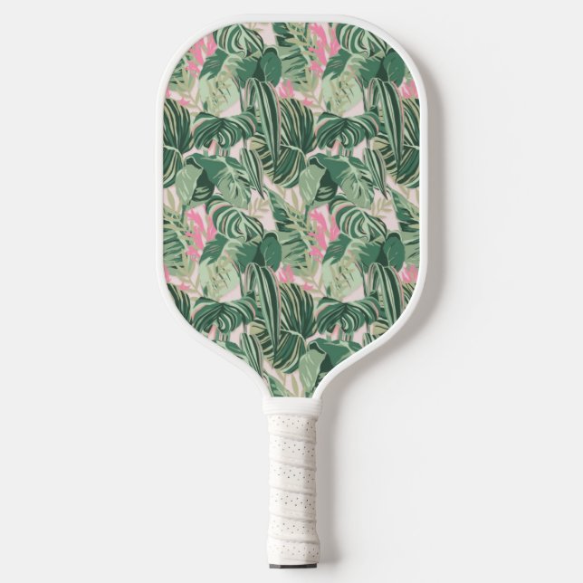Green and Pink Tropical Leaves  Pickleball Paddle (Front)