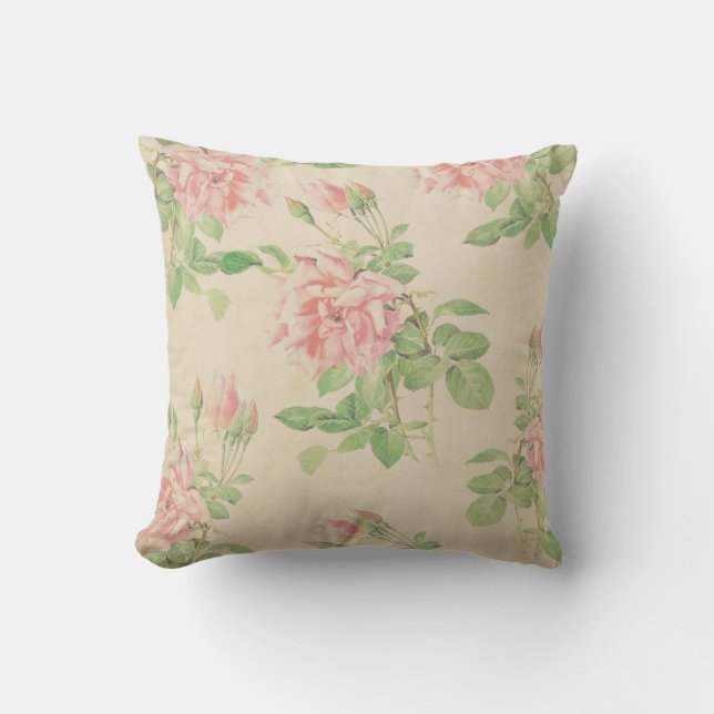 Green and Pink Vintage Floral Throw Pillow (Front)