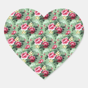 Green and Pink Vintage Roses Heart Sticker