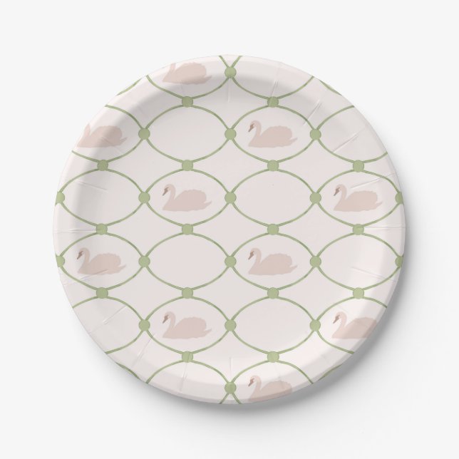 Green and Pink Vintage Swan Trellis Paper Plate (Front)