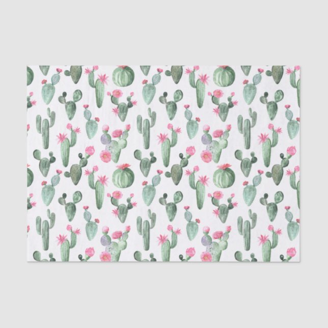Green and Pink Watercolor Cactus Tissue Paper (Front)