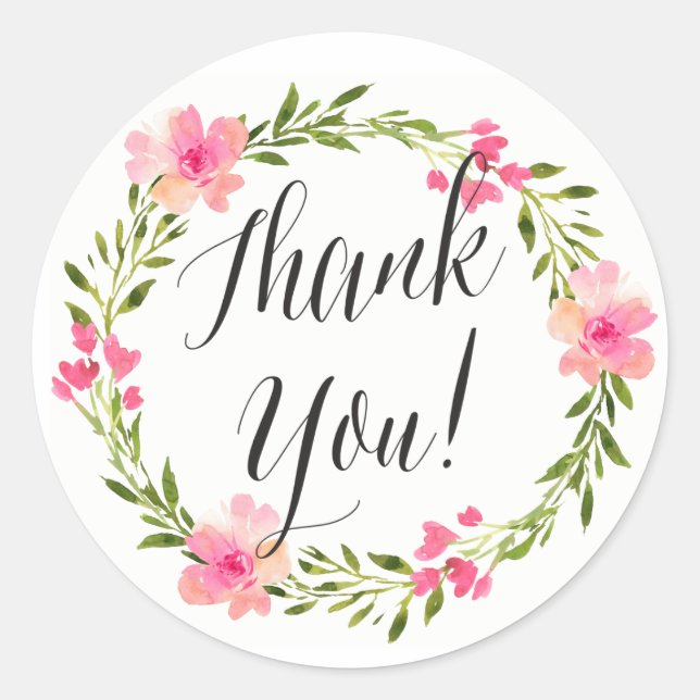 Green and Pink Watercolor Floral Thank You Sticker (Front)