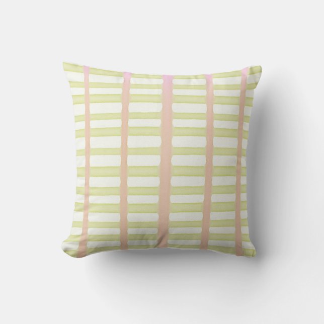 Green and pink watercolor stripes on white cushion (Front)