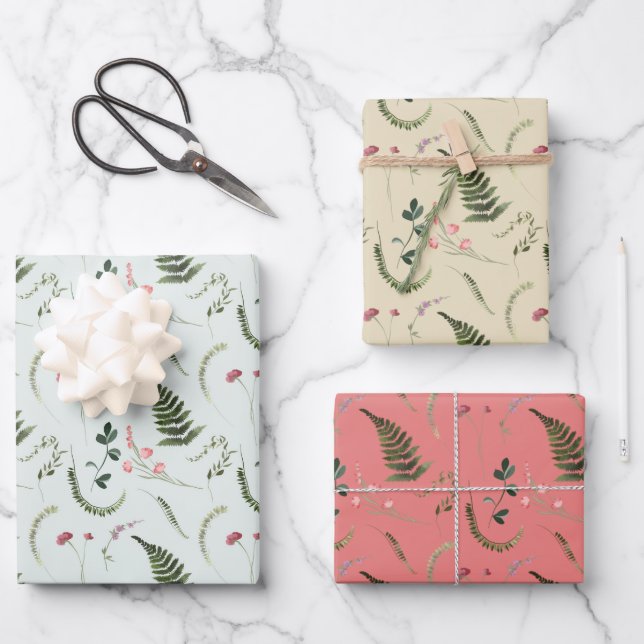 Green and Pink Wildflowers  Wrapping Paper Sheet (Front)