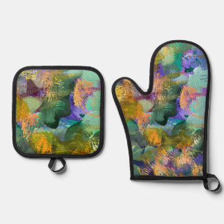 Green and Purple Abstract Floral Oven Mitt & Pot Holder Set