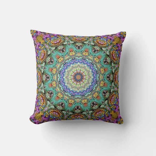 Green And Purple Abstract Mandala Cushion (Front)