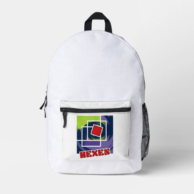 Green and Purple Abstract Rebel Squares with Hexes Printed Backpack (Front)
