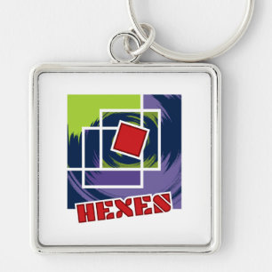 Green and Purple Abstract Squares with Hexes Text Key Ring