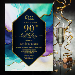 Green and Purple Agate Surprise 90th Birthday Invitation