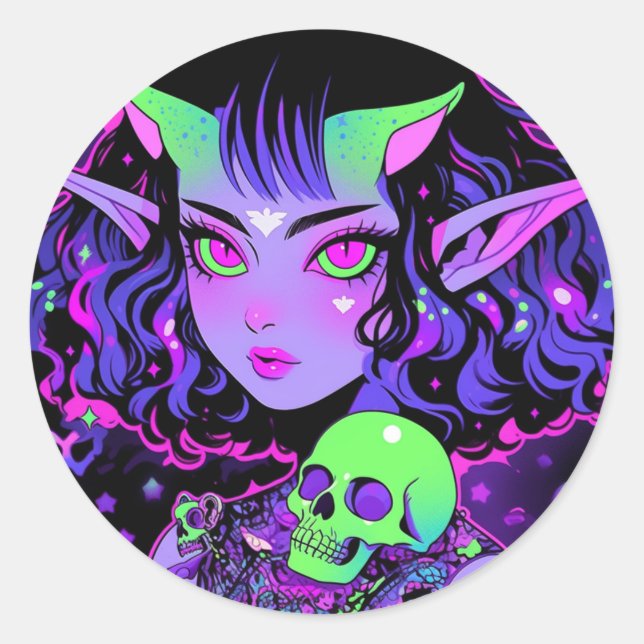Green and Purple Alien Elf Anime Girl Classic Round Sticker (Front)