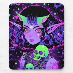Green and Purple Alien Elf Anime Girl Mouse Mat
