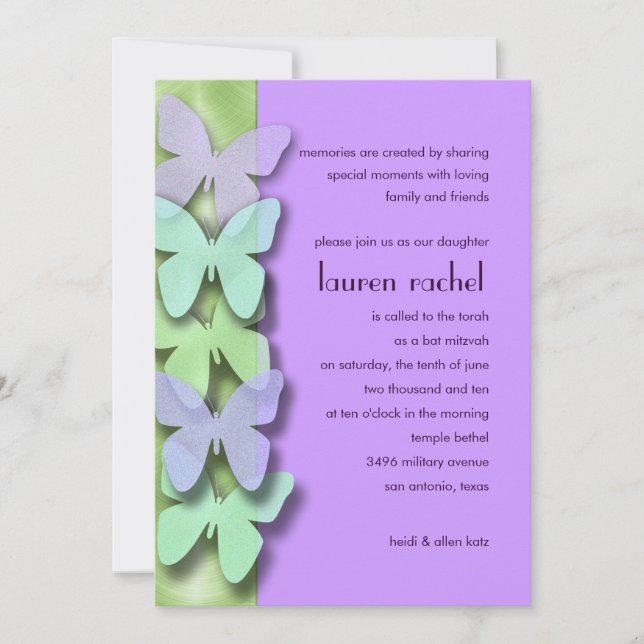Green and Purple Butterfly Border Bat Mitzvah Invitation (Front)
